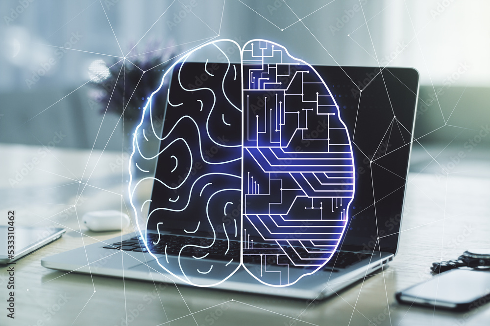 Poster double exposure of creative artificial intelligence symbol with modern laptop on background. neural 