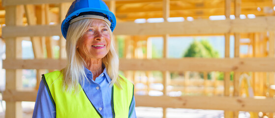 Portrait of elderly woman with protective helmet and yellow vest working at sustainable wooden eco...