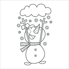 Snowman with arms in the air touching the snow, winter clipart