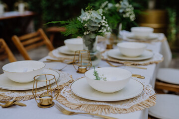 High angle view of aesthehic setting wedding table with flowers at backyard.