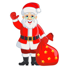 Cheerful Santa Claus with a bag of gifts. Vector character isolated on white background
