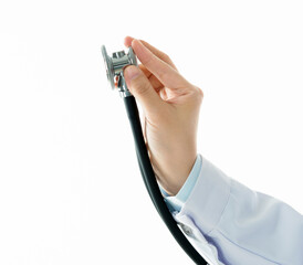 Hand holding stethoscope isolated on white background