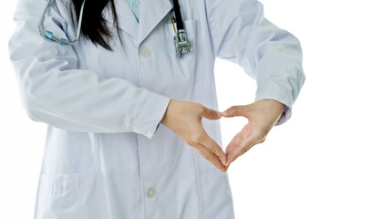 Doctor hands making shape of heart against white background