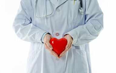 Close up of doctor hands with heart against white background