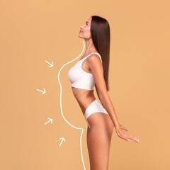 Slimming concept. Side view of slim lady in white lingerie with perfect body shape posing with outlines and arrows