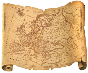 Old ragged Europe map torah, paper or parchment document roll isolated