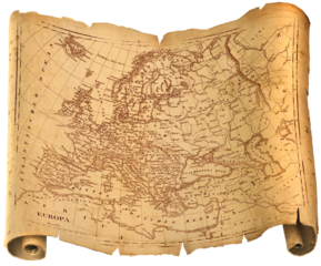 Old ragged Europe map torah, paper or parchment document roll isolated