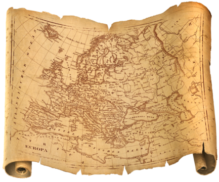 Old ragged Europe map torah, paper or parchment document roll isolated