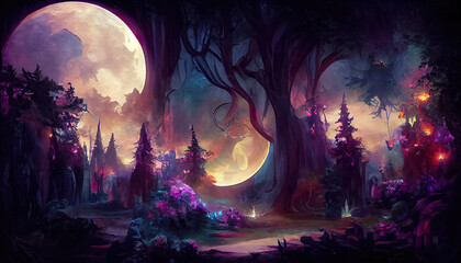 Bright full moon over dark fairy tale forest - obrazy, fototapety, plakaty