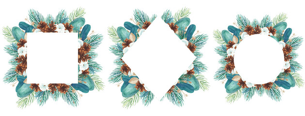 Watercolor Christmas Frame Clipart, Xmas PNG Clip art, Geometric Wreath for Greeting Cards, Invitation 