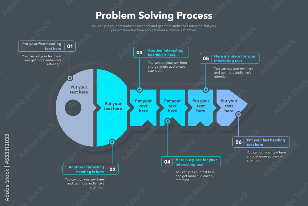 Fototapete Problem solving process template with six steps and a key as a main symbol - dark version.