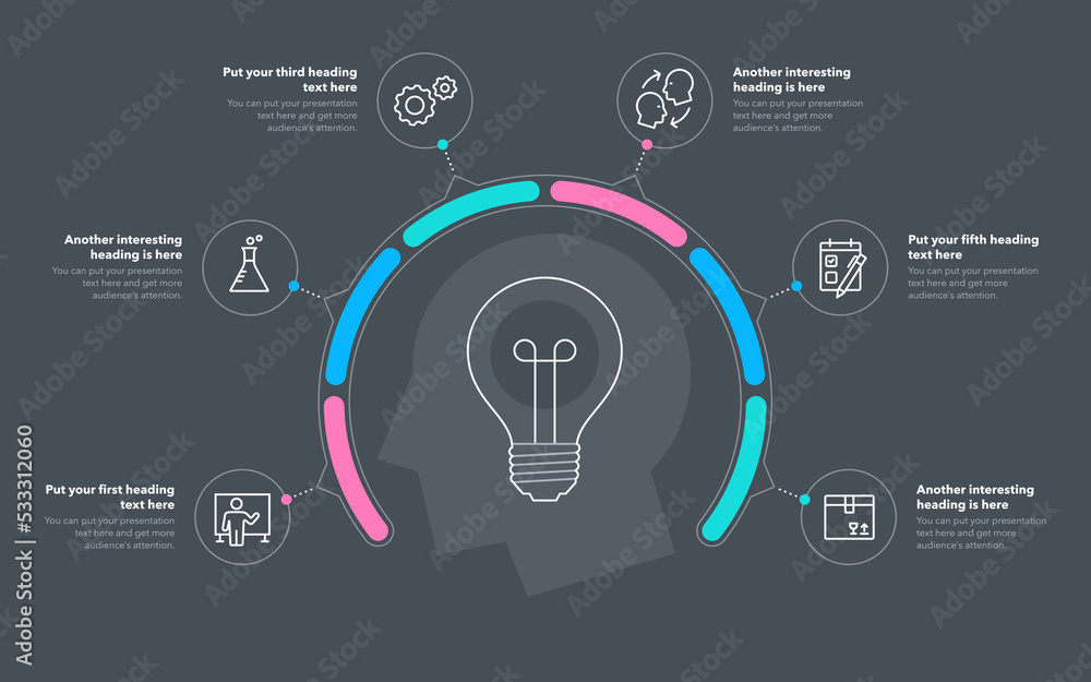 Poster innovation process template with six steps - dark version. slide for business presentation.