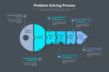 Problem solving process template with six steps and a key as a main symbol - dark version.