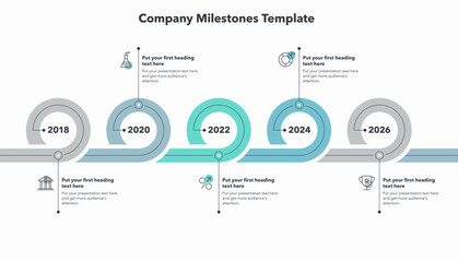 Company milestones with five colorful stages. Flat infographic design with minimalistic icons.
