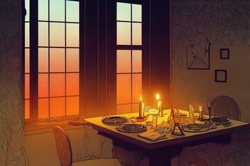 Candle light romantic dinner illustration