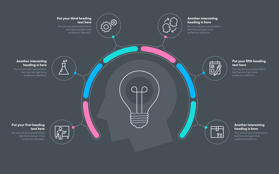 Innovation process template with six steps - dark version. Slide for business presentation.