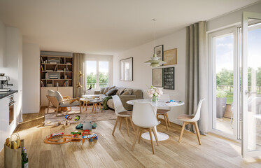 modern living room with kitchen