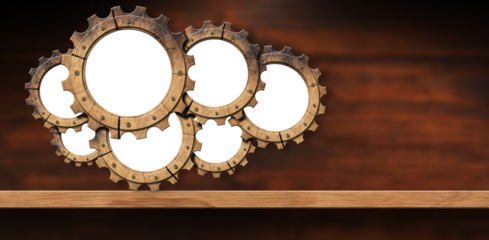 Group of empty wooden gears (cogwheels) with copy space (transparent background) on a wooden workbench. 3D illustration and photography, png.