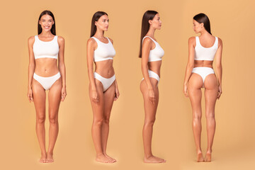Front, side and back view of slim lady in underwear posing and demonstrating perfect body shape,...