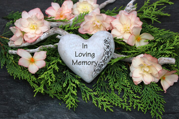 Grave decoration: Heart with the text in Loving Memory. - obrazy, fototapety, plakaty
