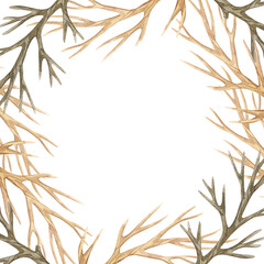 Watercolor square frame with vintage tree branches isolated on white.
