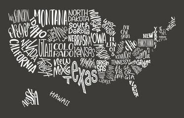 USA MAP. United States of America with script text state names. Design USA typography map with states names. Flat black and white vector illustration. American map for poster, banner.