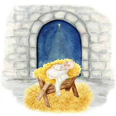 Birth of Jesus Christ. Wooden manger and star of Bethlehem, christmas nativity scene watercolor illustration. Son of God