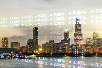 Double exposure of abstract virtual statistics data hologram on Chicago city skyscrapers...