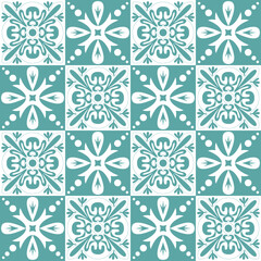Blue seamless pattern for ceramic tiles in spanish portuguese retro style, blue white pastel vector illustration eps square