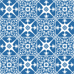 Azulejo ceramic tiles retro motif for interior decor, blue indigo geometric