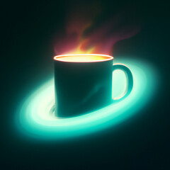 Digital Illustration of a Coffee cup in abstract dark space, with vivid neon, rings around it. A divine whisp of steaming smoke, like a galaxy coming out of the cup. Coffee cup powered by divine energ