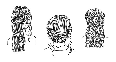 Line art hairstyles set. Female heads with braided hair. Hand drawn vector illustration