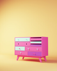 Pink Blue Chest of Drawers Dresser Household Furniture Japanese 80's Style with Yellow Beige Background 3d illustration render