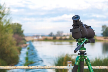 Bird watching telescope or spotting scope on a tripod