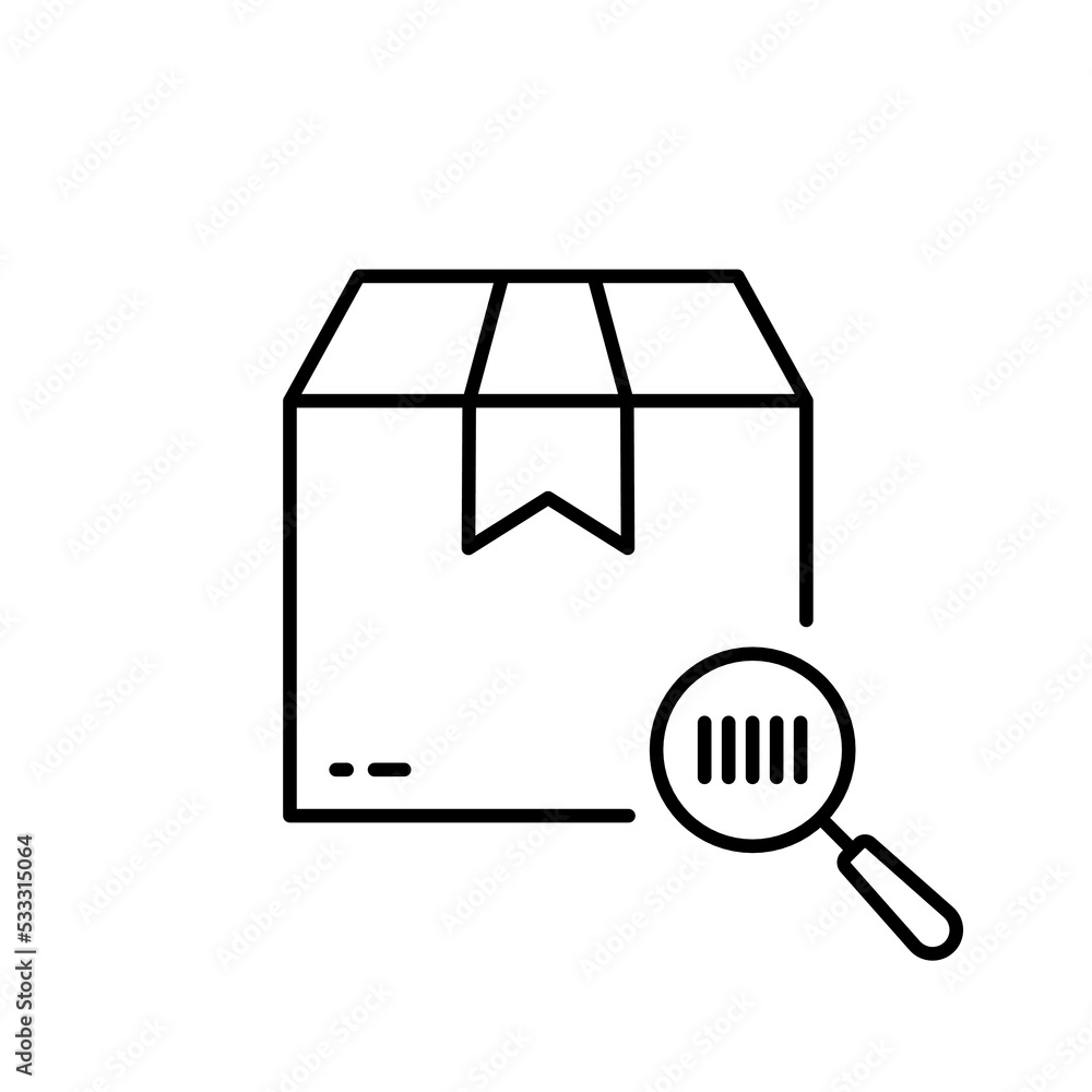 Poster barcode on parcel box with magnifier scanner line icon. search product bar code on cardboard package