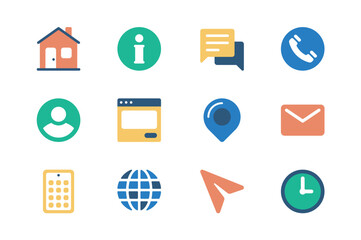 Contact us concept of web icons set in simple flat design. Pack of home page, info, chat, call, profile, location tracking, email, internet, calendar, clock and other.Vector pictograms for mobile app