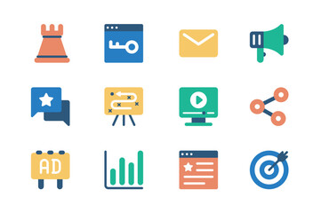 Marketing concept of web icons set in simple flat design. Pack of chess, keyword, email, advertising megaphone, feedback message, video content, link, target and other.Vector pictograms for mobile app