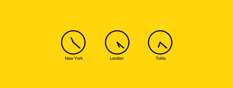 A clock with different time indications on a yellow background. time zone of New York, London and Tokyo. Banner for insertion into site. Place for text cope space. 3d image. 3D visualization