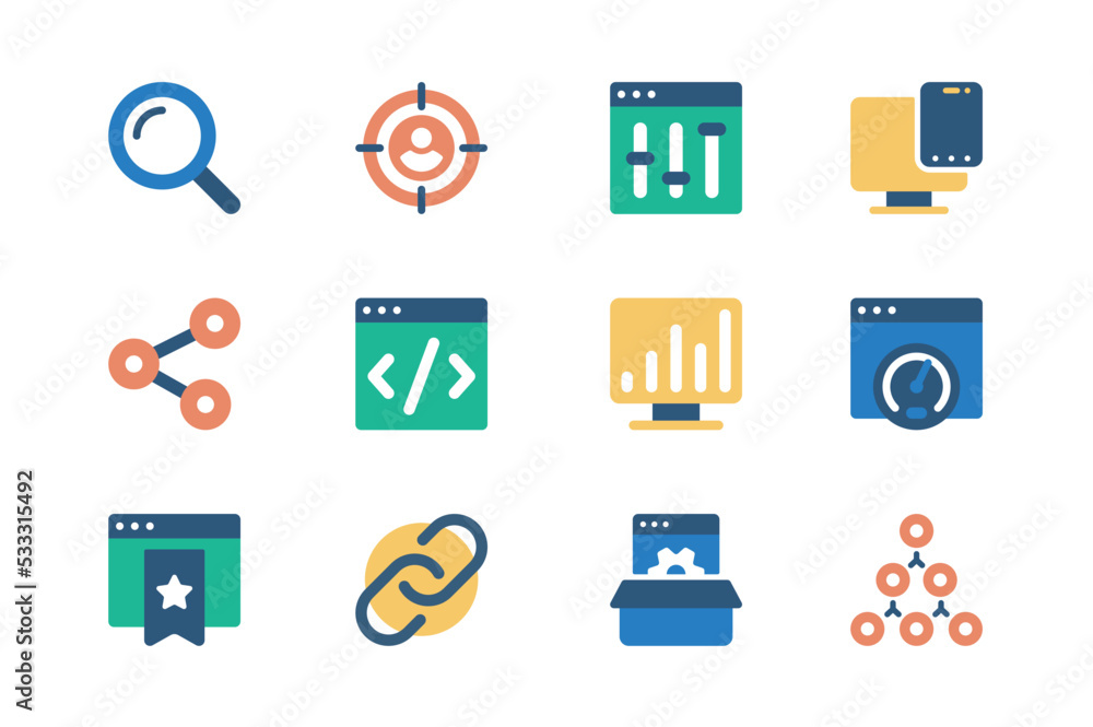 Poster seo optimization concept of web icons set in simple flat design. pack of search machine, target, set
