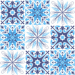 Traditional mediterranean ceramic porcelain tiles, blue white purple pattern for decoration, azulejo talavera spanish style