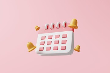 Minimal monthly calendar with alarm bell notification icon on pink background. Business appointment, meeting schedule agenda planning and management. daily job, event reminder concept. 3d rendering