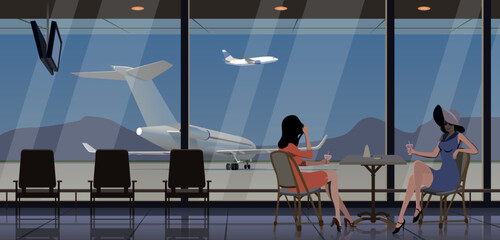Girls at a table at the airport in front of a large window. Vector.