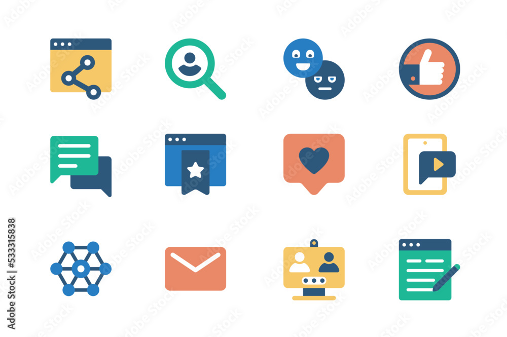 Poster social media concept of web icons set in simple flat design. pack of link sharing, searching, emotic