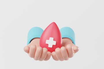Hand holding blood icon isolated on white background. Blood donation, medical health care, volunteer concept. 3d rendering