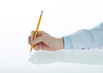 Male doctor hand holding a pencil on white background
