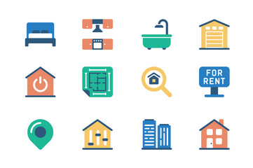 Real estate concept of web icons set in simple flat design. Pack of bedroom, kitchen, bathroom, garage, smart, house, home, blueprint, search, skyscraper and other. Vector pictograms for mobile app