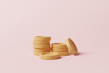 Stacking coins on pink background. Business profit earning, money savings, investment concept. 3d rendering