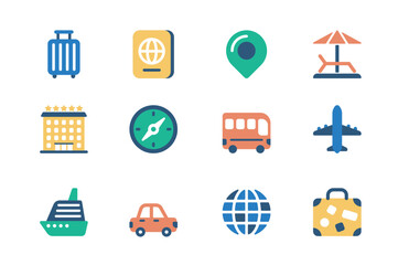 Travel vacation concept of web icons set in simple flat design. Pack of luggage, passport, location, beach relaxation, hotel, compass, bus, airplane, ship and other. Vector pictograms for mobile app