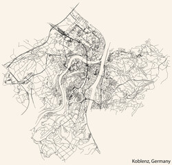 Detailed navigation black lines urban street roads map of the German regional capital city of KOBLENZ, GERMANY on vintage beige background