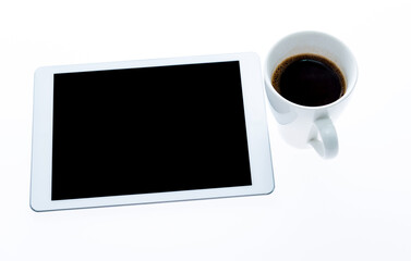 Fototapeta na wymiar Top view of digital tablet and a cup of coffee